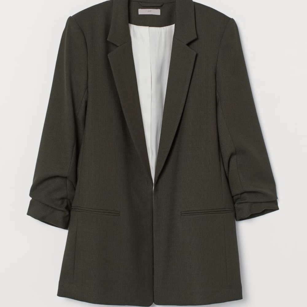 H&M Dark Khaki Green Blazer with Gathered Sleeves - US 4 (36)
